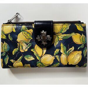 Patricia Nash genuine leather Positano Limon wallet blue w/ yellow lemon print
